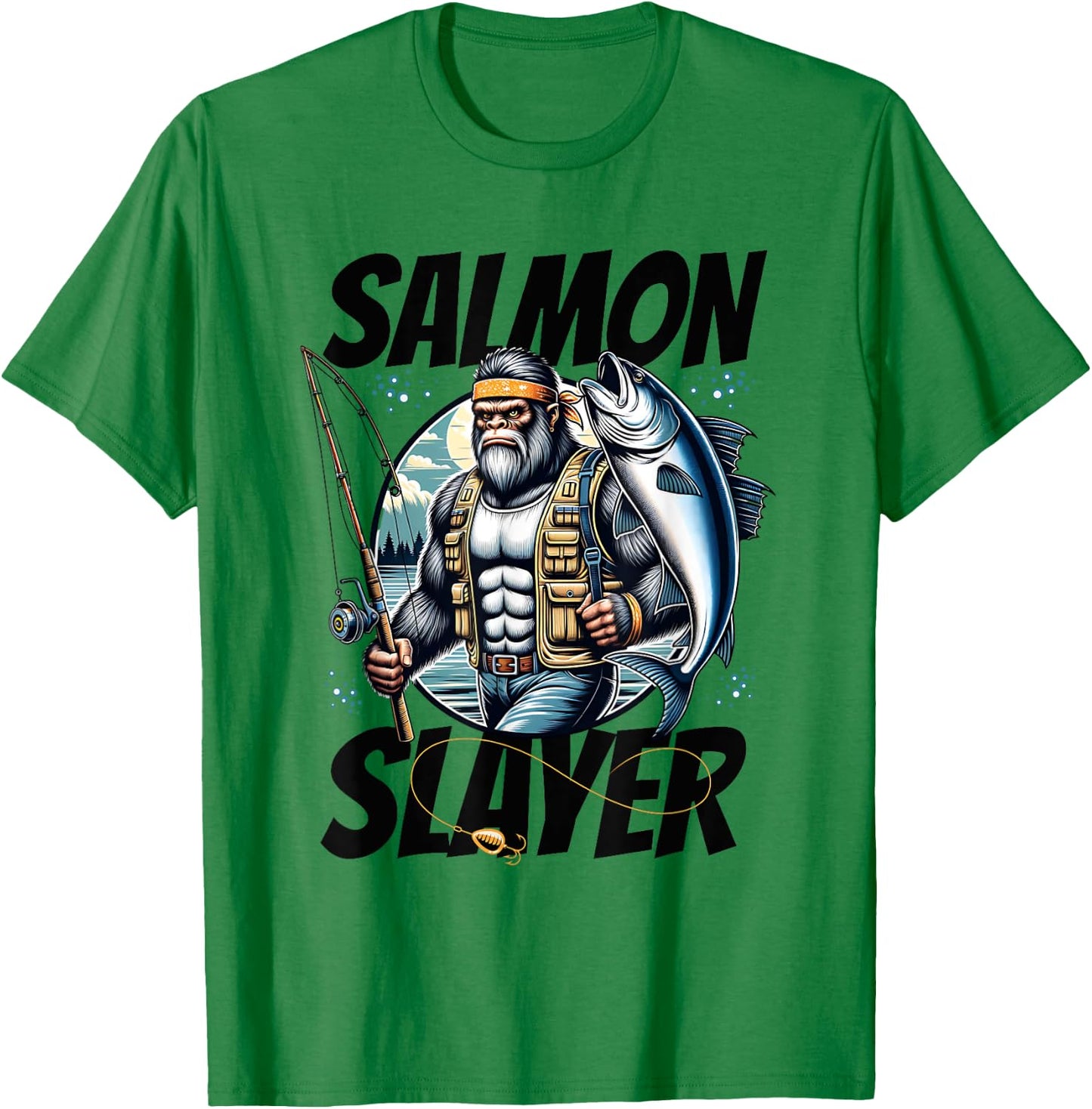 Salmon Slayer Funny Bigfoot Fishing Salmon Fish T-Shirt - T-Shirt | Irish Green