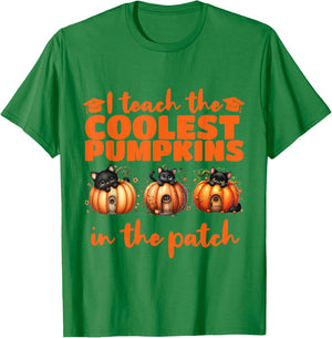 I Teach The Cutest Pumpkins Halloween Teacher Cat Lover T-Shirt - T-Shirt | Irish Green