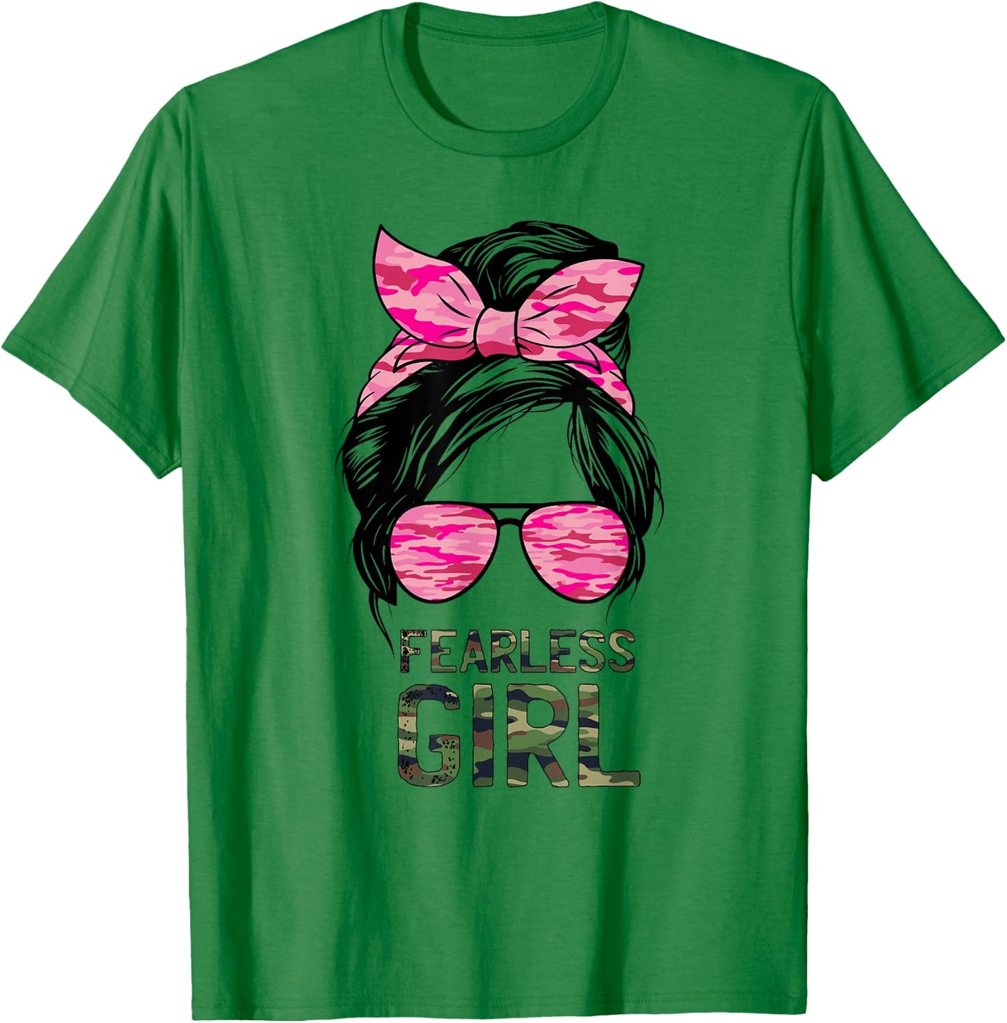 Fearless Girl Camo Green Camoflauge Pink Messy Burn Hair T-Shirt - T-Shirt | Irish Green