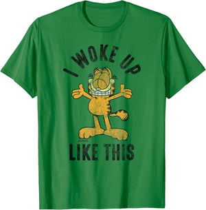 Garfield I Woke Up Like This Distressed Cartoon Cat T-Shirt - T-Shirt | Irish Green