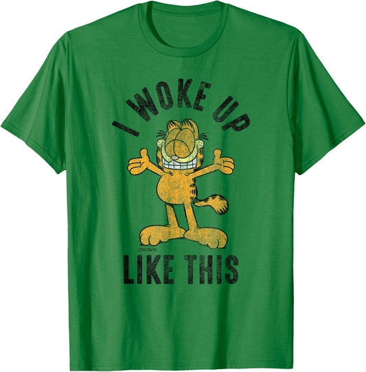 Garfield I Woke Up Like This Distressed Cartoon Cat T-Shirt - T-Shirt | Irish Green