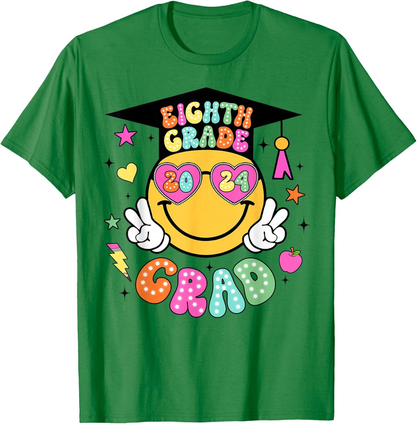 Groovy 8th Grade Graduate Happy Face Graduation 2024 Grad T-Shirt - T-Shirt | Irish Green