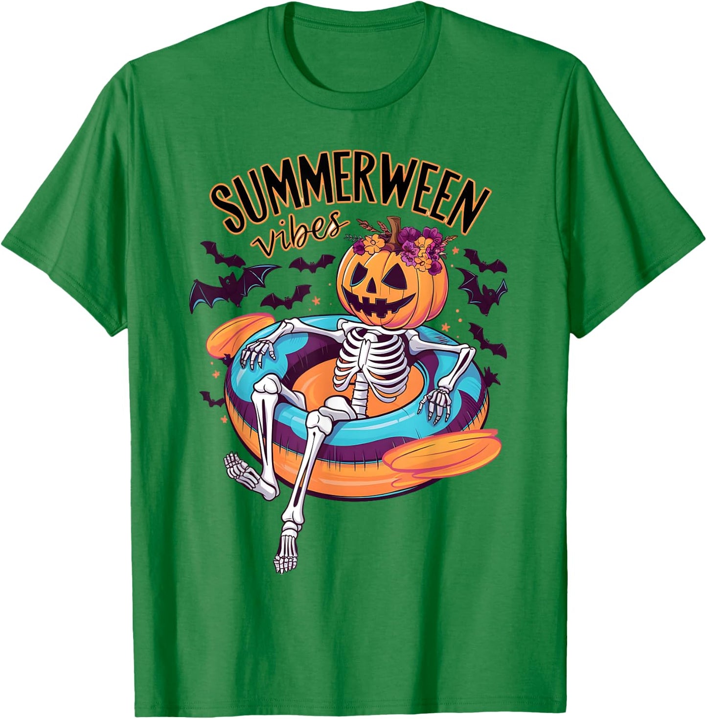 Summerween Vibes Skeleton Pumpkin Summer Vacation Men Women Kids T-Shirt - T-Shirt | Irish Green