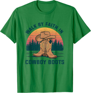 Walk By Faith In Cowboy Boots Hat Vintage Western Country T-Shirt - T-Shirt | Irish Green