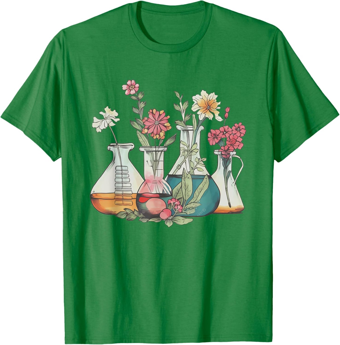 Floral Beakers Chemistry Lab Scientist Chemist Med Lab Tech T-Shirt - T-Shirt | Irish Green