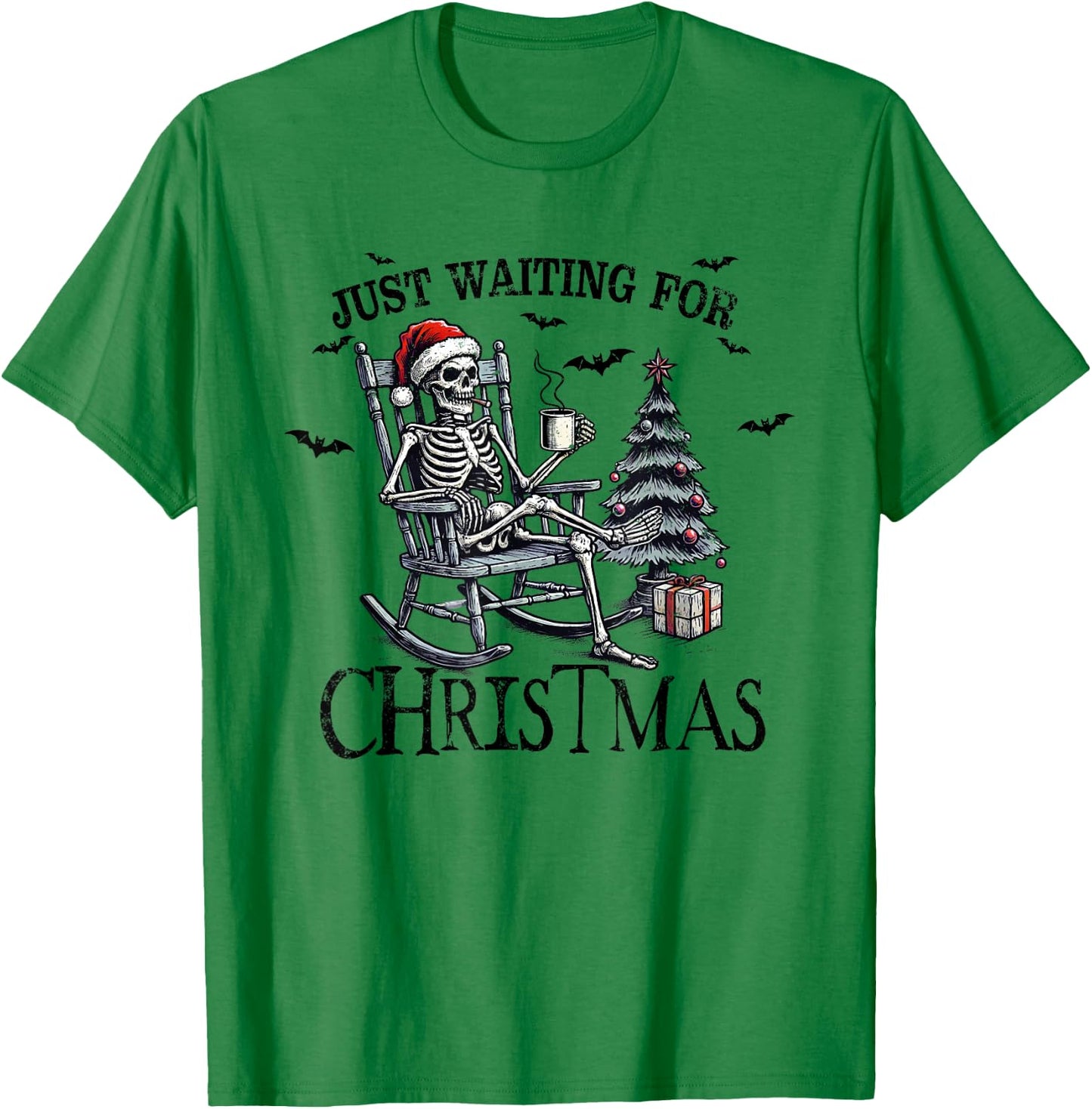 Just Waiting For Christmas Holiday Funny Skeleton Christmas T-Shirt - T-Shirt | Irish Green