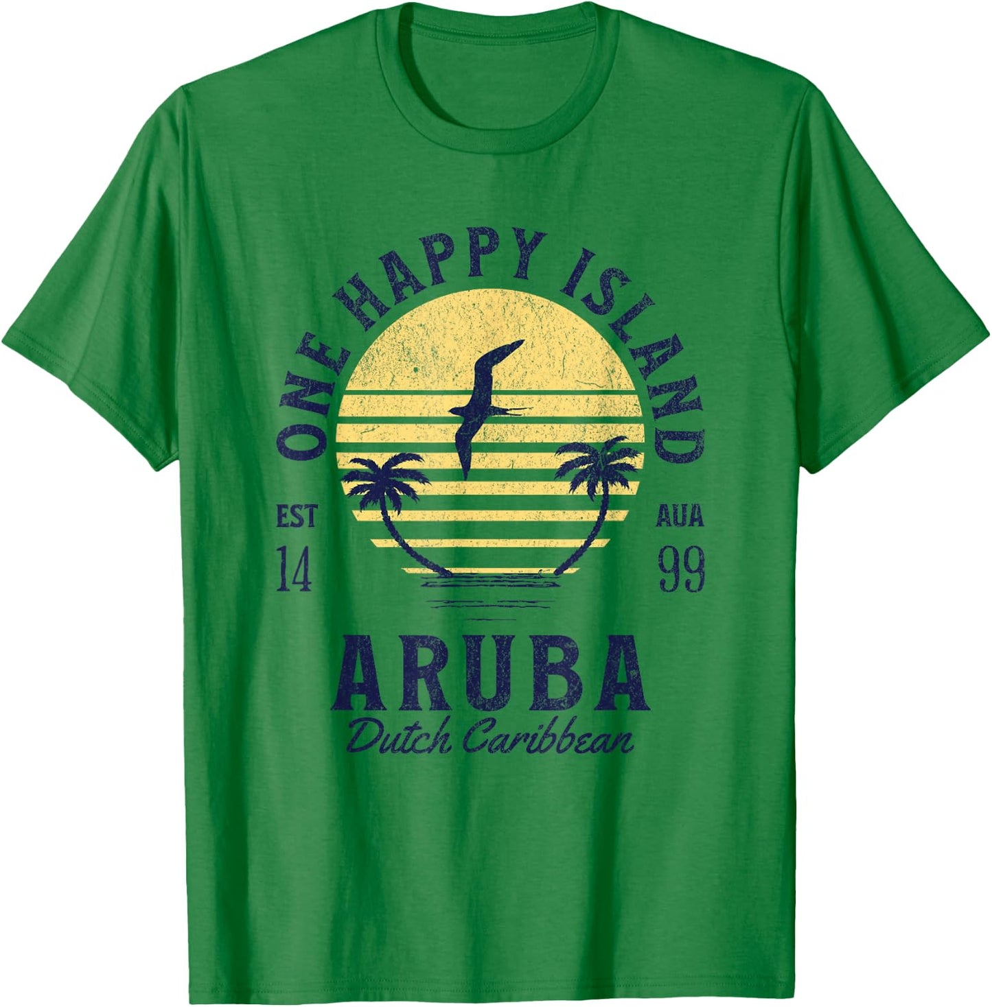 One Happy Island Aruba Shirt Retro Sunset Palm Ocean Vintage T-Shirt - T-Shirt | Irish Green