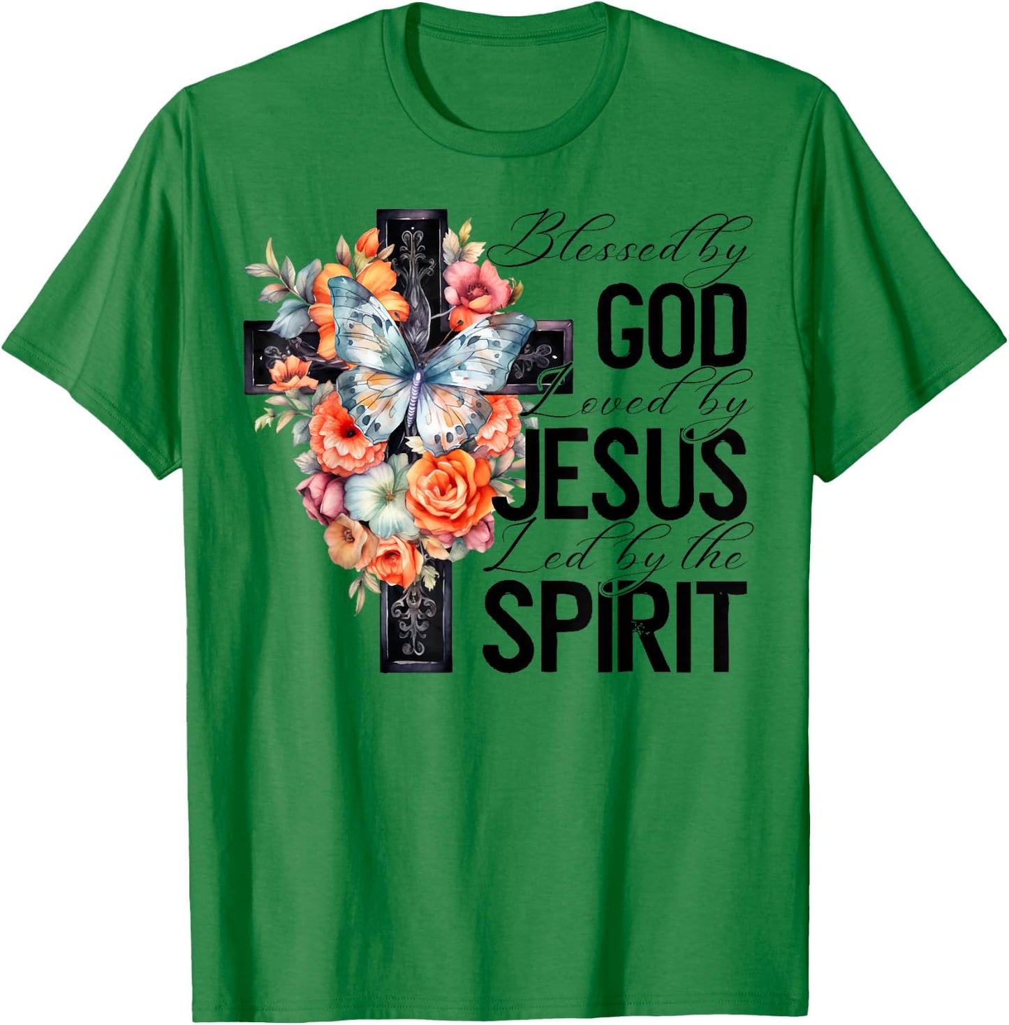 Blessed By God Loved By Jesus Floral Cross Faith Christian T-Shirt - T-Shirt | Irish Green