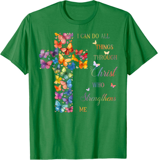 I Can Do All Things Through Christ Butterfly Cross T-Shirt - T-Shirt | Irish Green