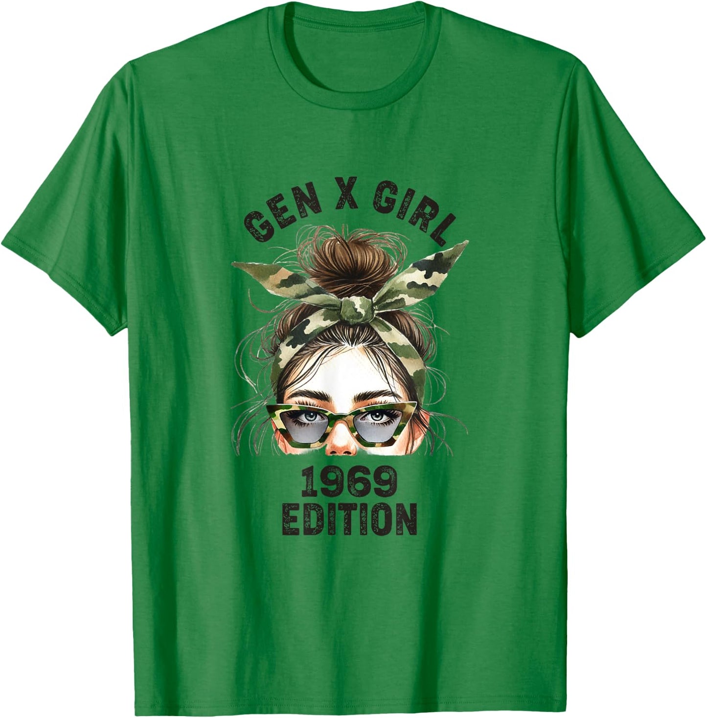 Gen X Girl 1969 Edition Retro Camouflage Headband messy bun T-Shirt - T-Shirt | Irish Green