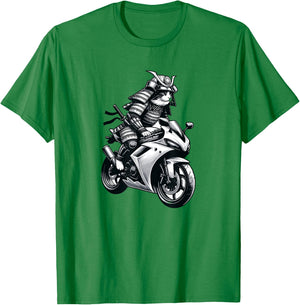 Japanese Samurai Ninja Cat Riding a Motorcycle Crotch Rocket Men Women T-Shirt - T-Shirt | Irish Green