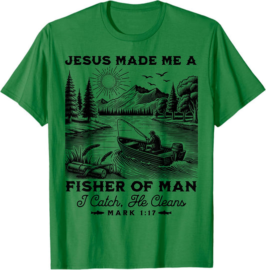 Fisher of Man Mark 1:17 Christian Scripture Jesus Fishing T-Shirt - T-Shirt | Irish Green