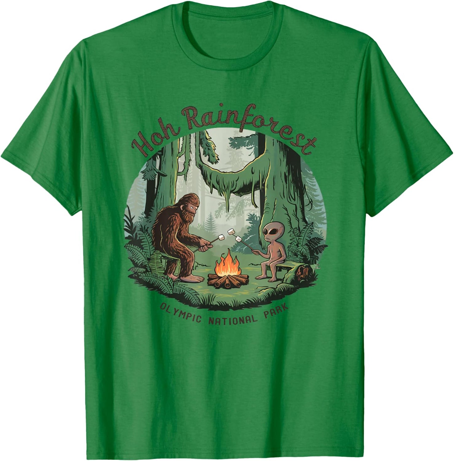 Funny Bigfoot & Alien Gifts And Shirts Bigfoot & Alien Camping Hoh Rainforest Olympic National Park -Adults Kids White Short Sleeve Classic Fit Cotton Blend Machine Wash Size Small T-Shirt - T-Shirt | Irish Green