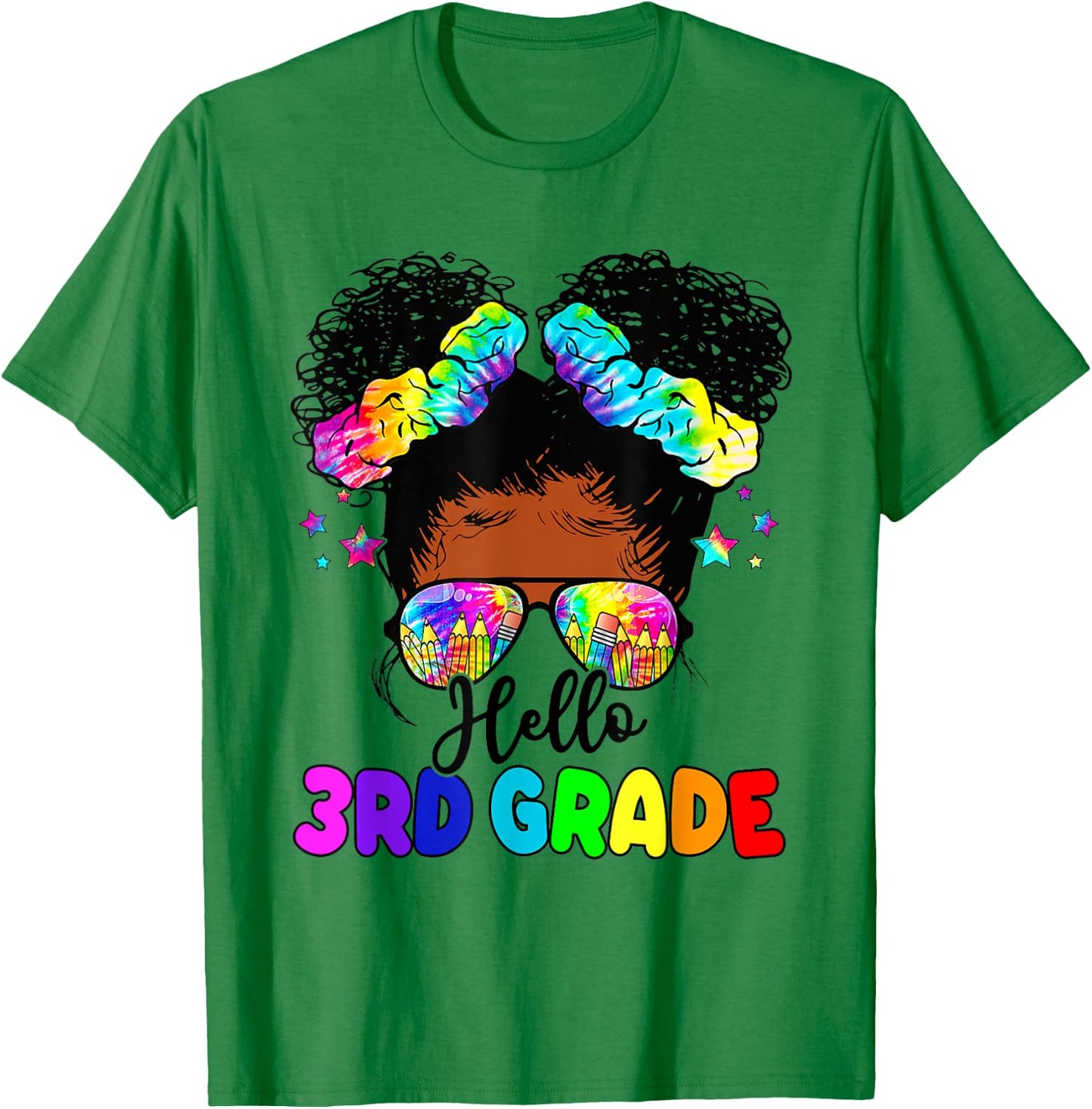 Hello 3rd Grade Black Messy Bun Girls Kids Back To School T-Shirt - T-Shirt | Irish Green