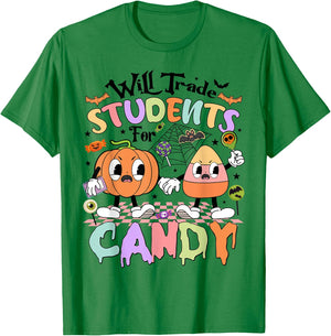 Funny Candy Halloween Teacher Will Trade Students For Candy T-Shirt - T-Shirt | Irish Green