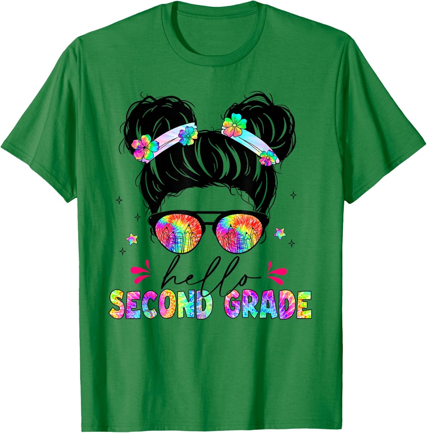 Hello Second Grade shirt messy bun tie dye back to school T-Shirt - T-Shirt | Irish Green