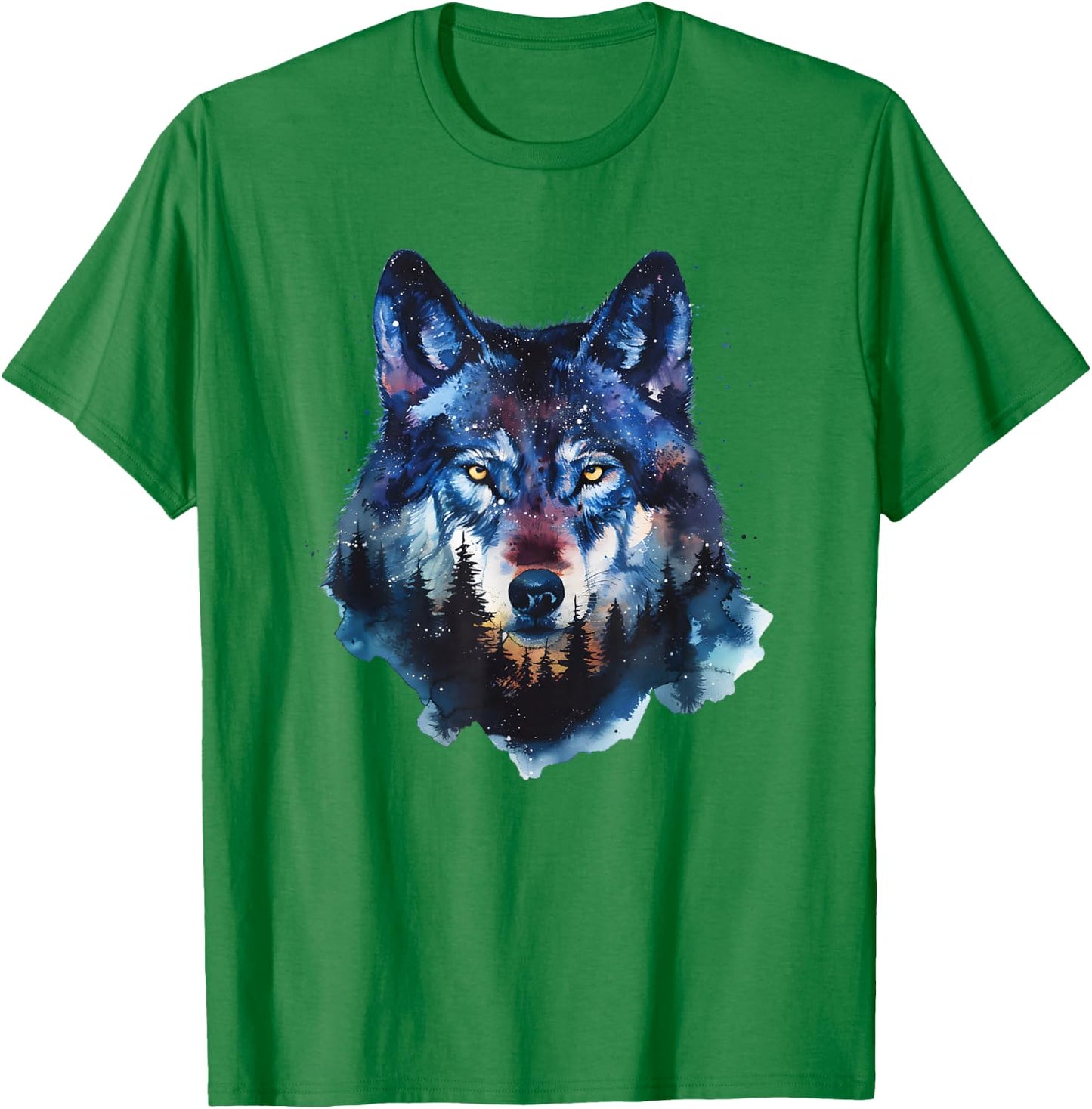 Wolf Splash Art Animal Face Forest Landscape Wolf T-Shirt - T-Shirt | Irish Green