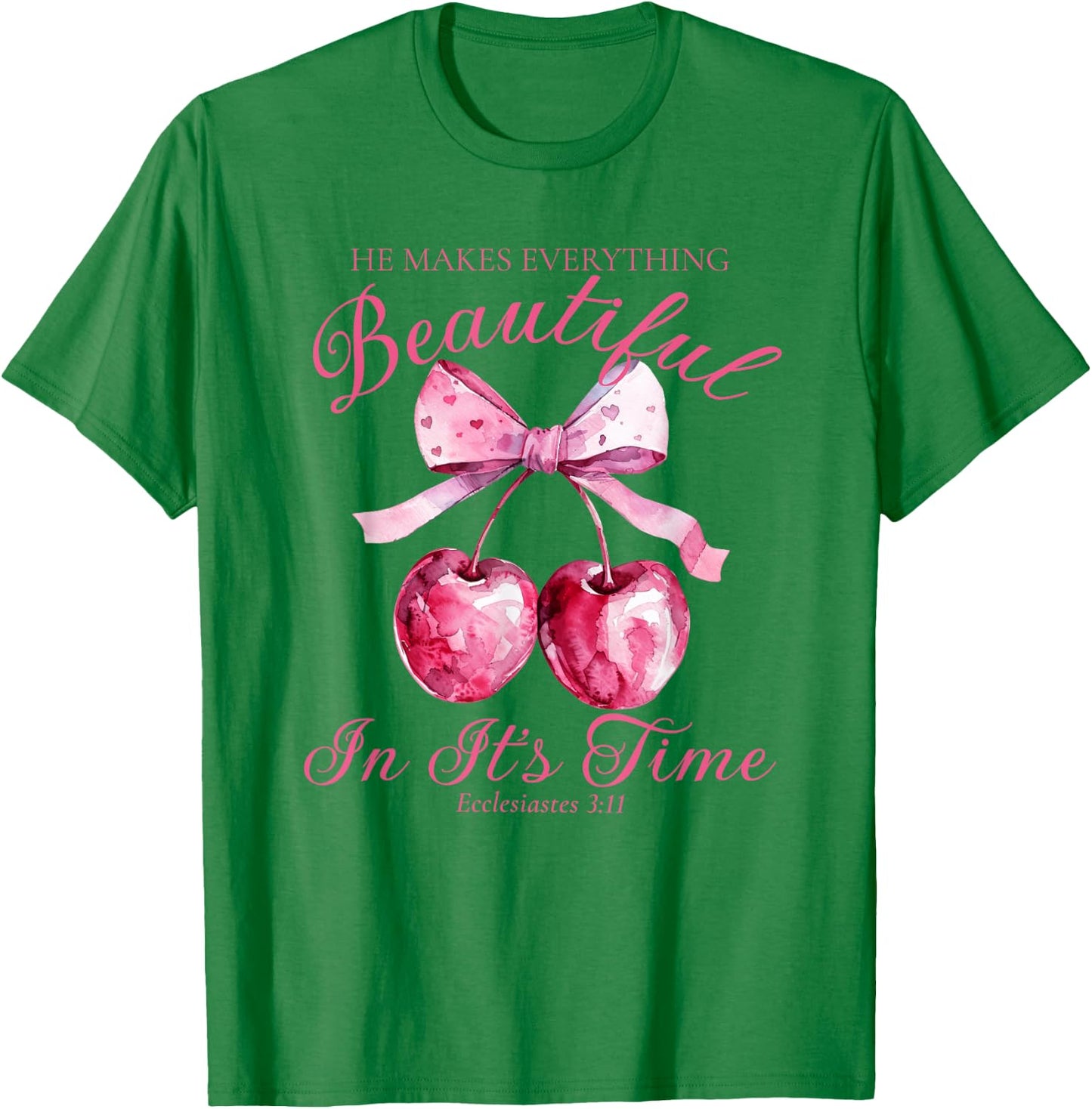 Crochet Pink Bow Cherry Bible Verse Jesus Coquette Christian T-Shirt - T-Shirt | Irish Green
