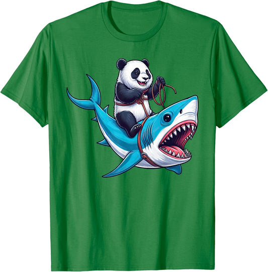 Panda Riding Shark Funny Boys Girls Kids T-Shirt - T-Shirt | Irish Green
