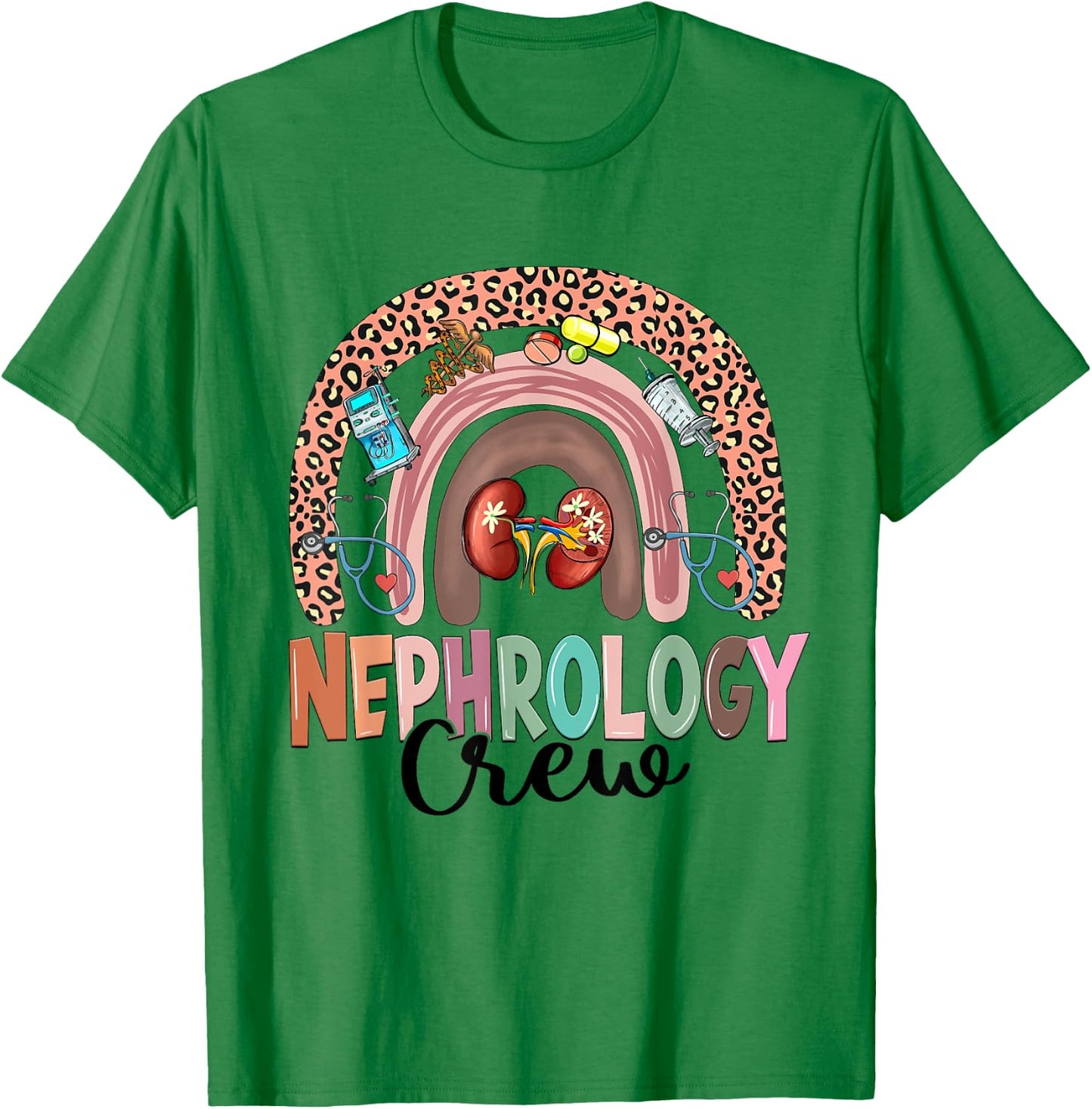Nephrology Crew Rainbow Kidney Leopard Nephrology Nurse T-Shirt - T-Shirt | Irish Green