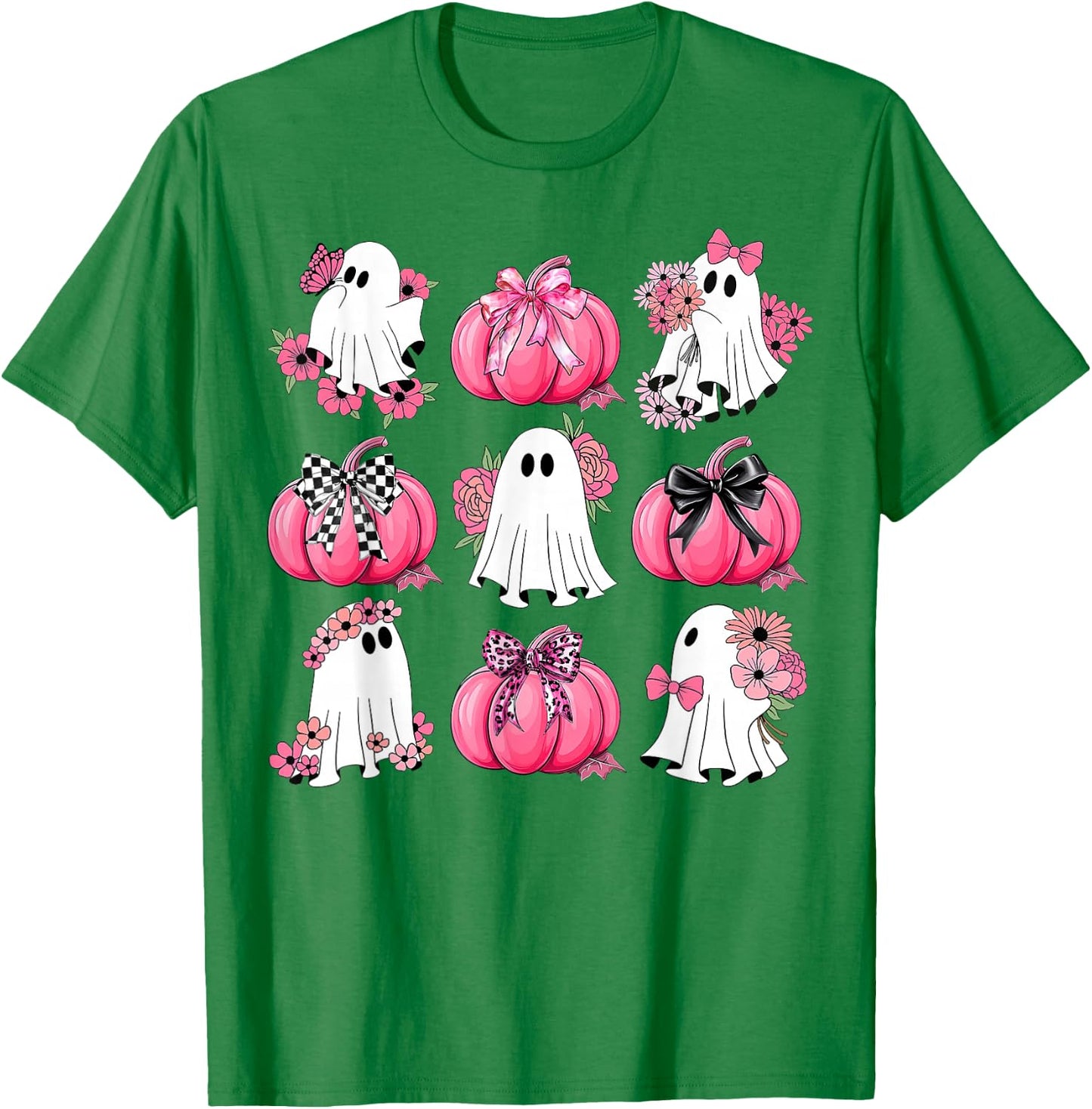 Cute Ghost Florals Pink Coquette Bows Pumpkins Halloween T-Shirt - T-Shirt | Irish Green