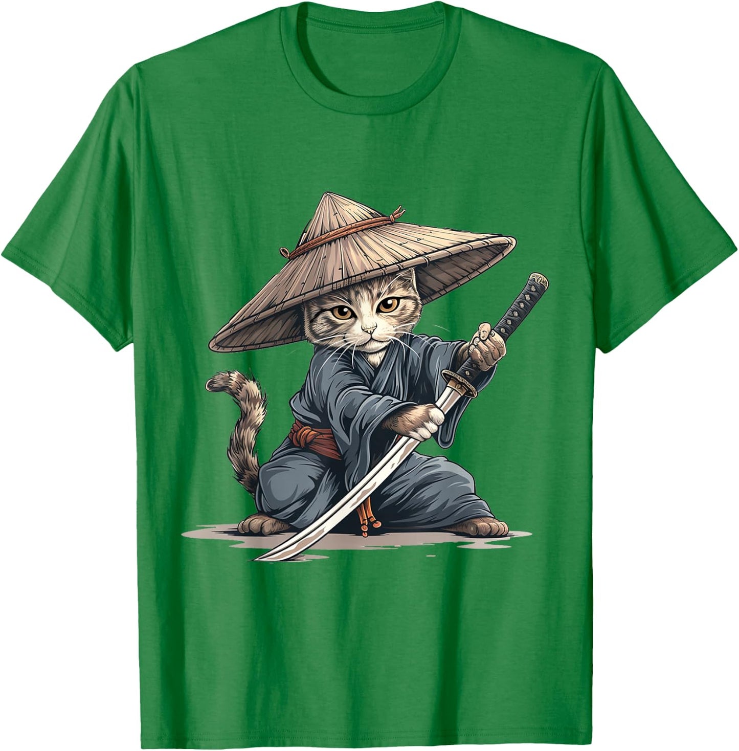 Japanese Art Cat Ninja Ukiyo-e Anime Style Samurai Cat T-Shirt - T-Shirt | Irish Green