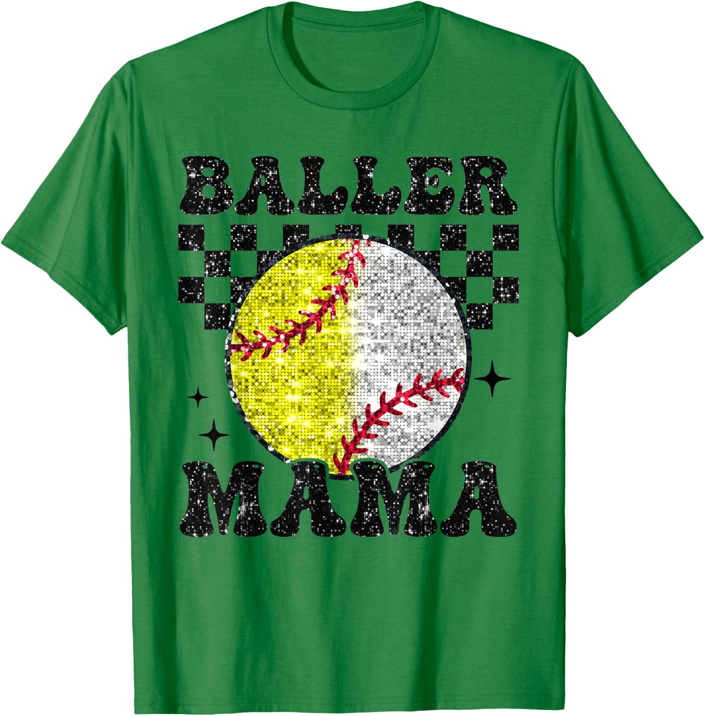 Baller Mama Checkered Retro Proud Softball Baseball Player T-Shirt - T-Shirt | Irish Green