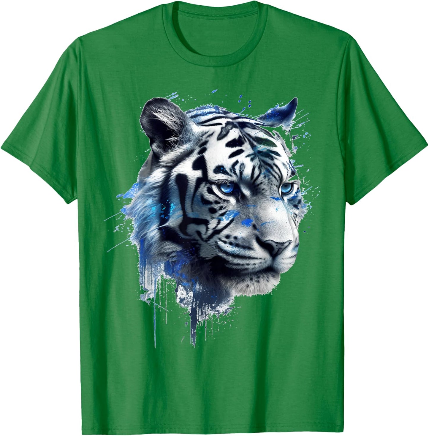 Tiger in White - Blue Eyes - Animal Art Tiger T-Shirt - T-Shirt | Irish Green