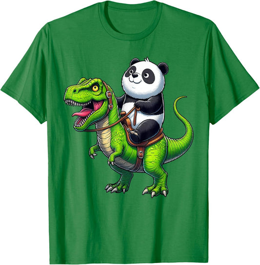 Panda Riding Dinosaur T Rex Funny Boys Girls Kids T-Shirt - T-Shirt | Irish Green