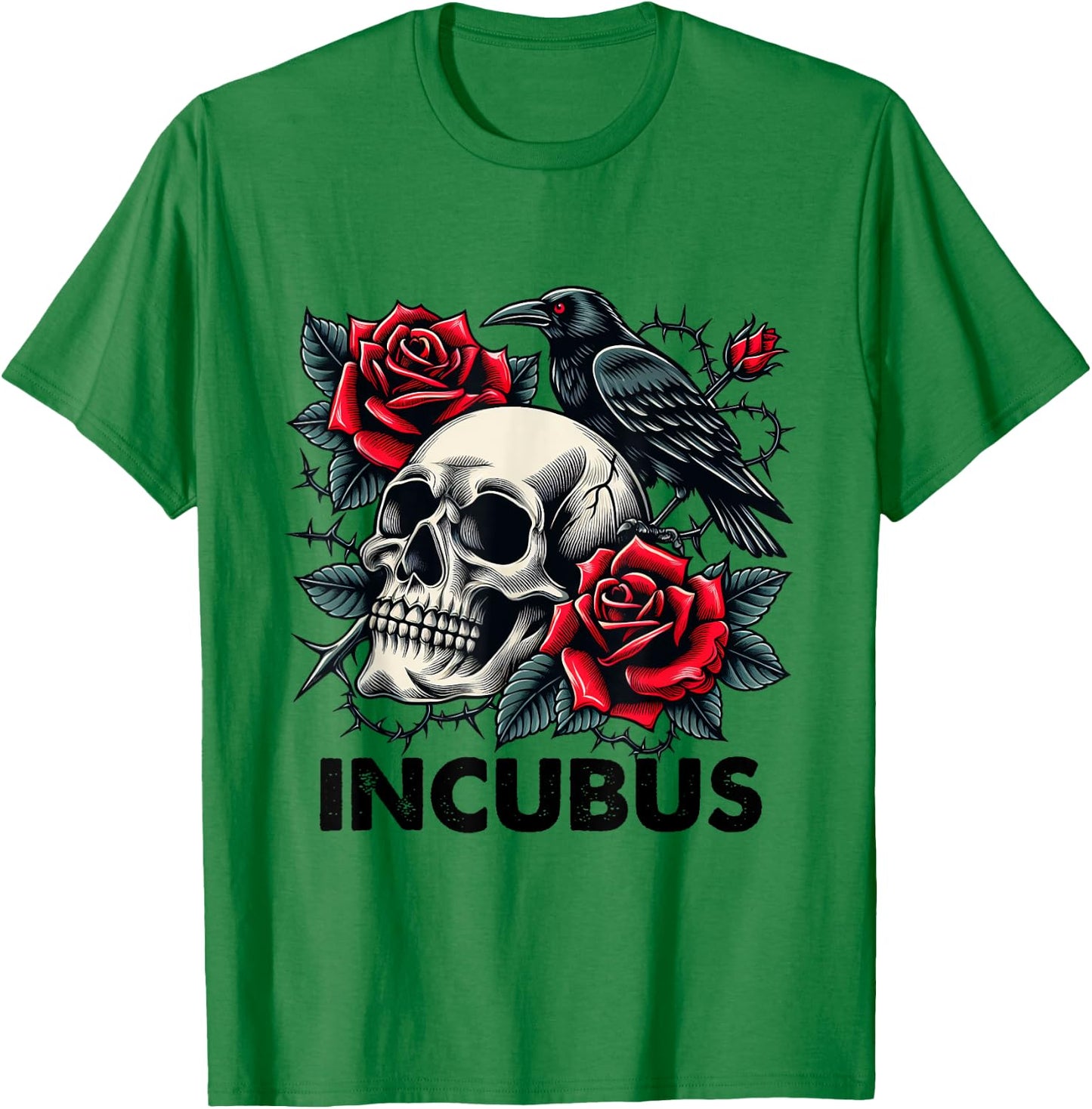 Retro Halloween Graphic Incubus-Crow Left Skull And Flower T-Shirt - T-Shirt | Irish Green