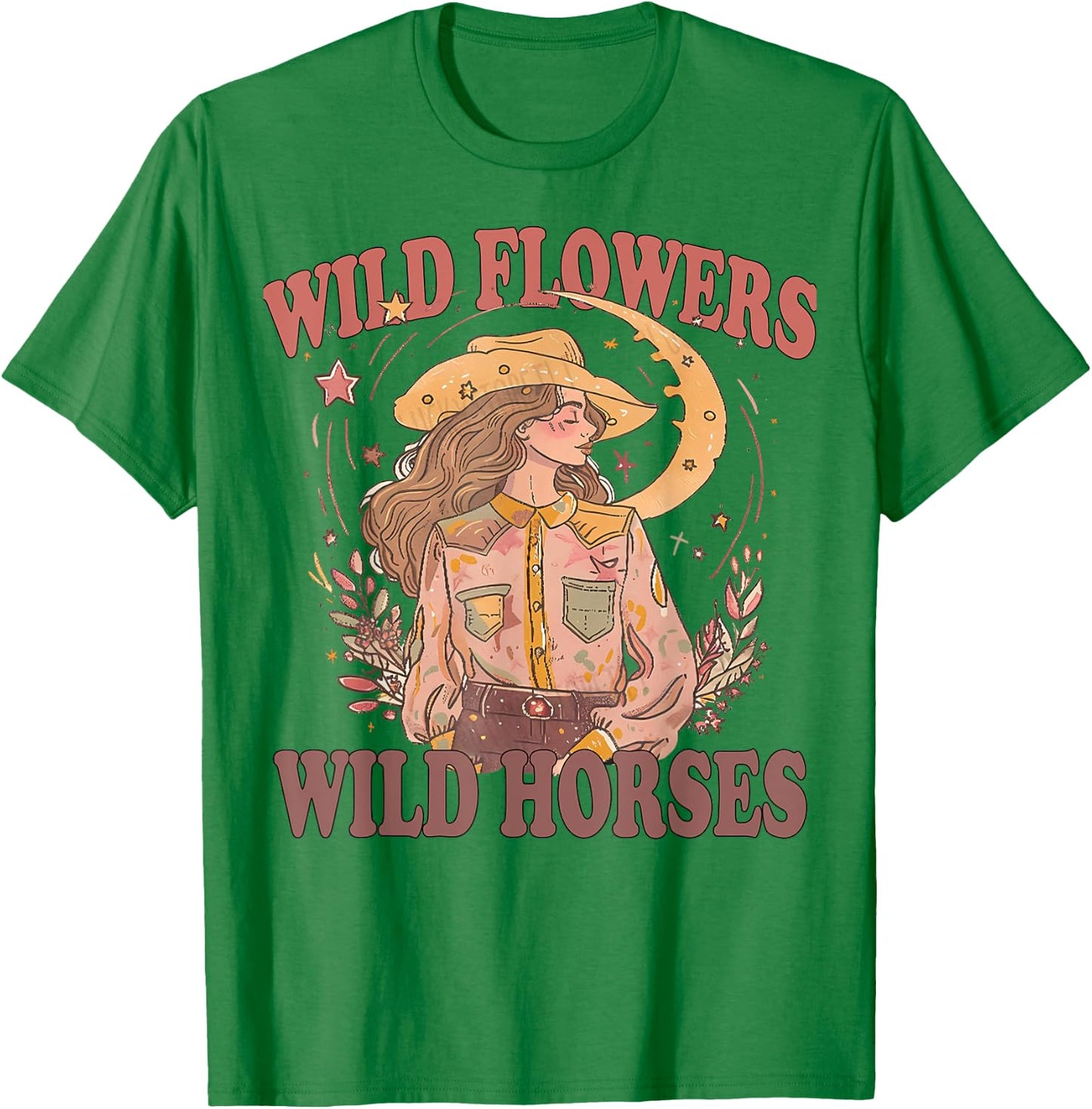 Floral Cowgirl Riding Horse Wild Flowers Wild Horses T-Shirt - T-Shirt | Irish Green