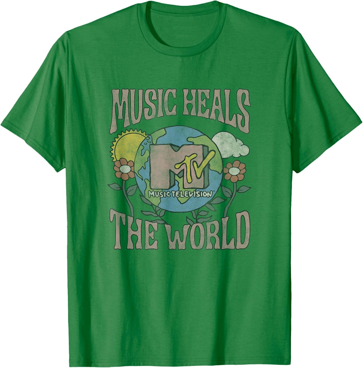 MTV Vintage Earth Day Music Heals The World Groovy Poster T-Shirt - T-Shirt | Irish Green