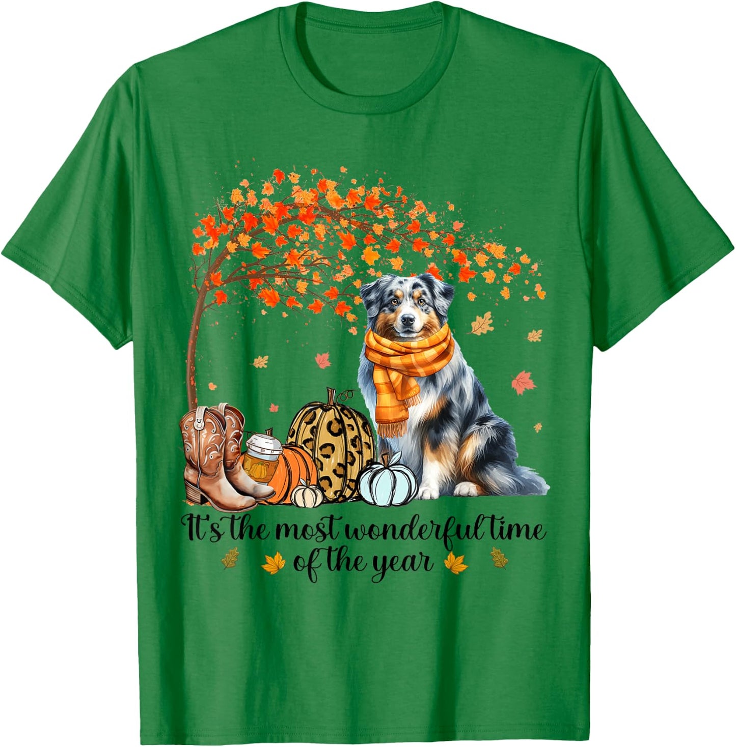 Fall Maple Tree Print Dog Lover Happy Thanksgiving Australian Shepherd Autumn Fall T-Shirt - T-Shirt | Irish Green