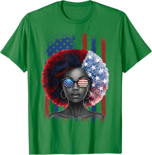 Black African American Women Patriotic Messy Bun 4th of July T-Shirt - T-Shirt | Irish Green