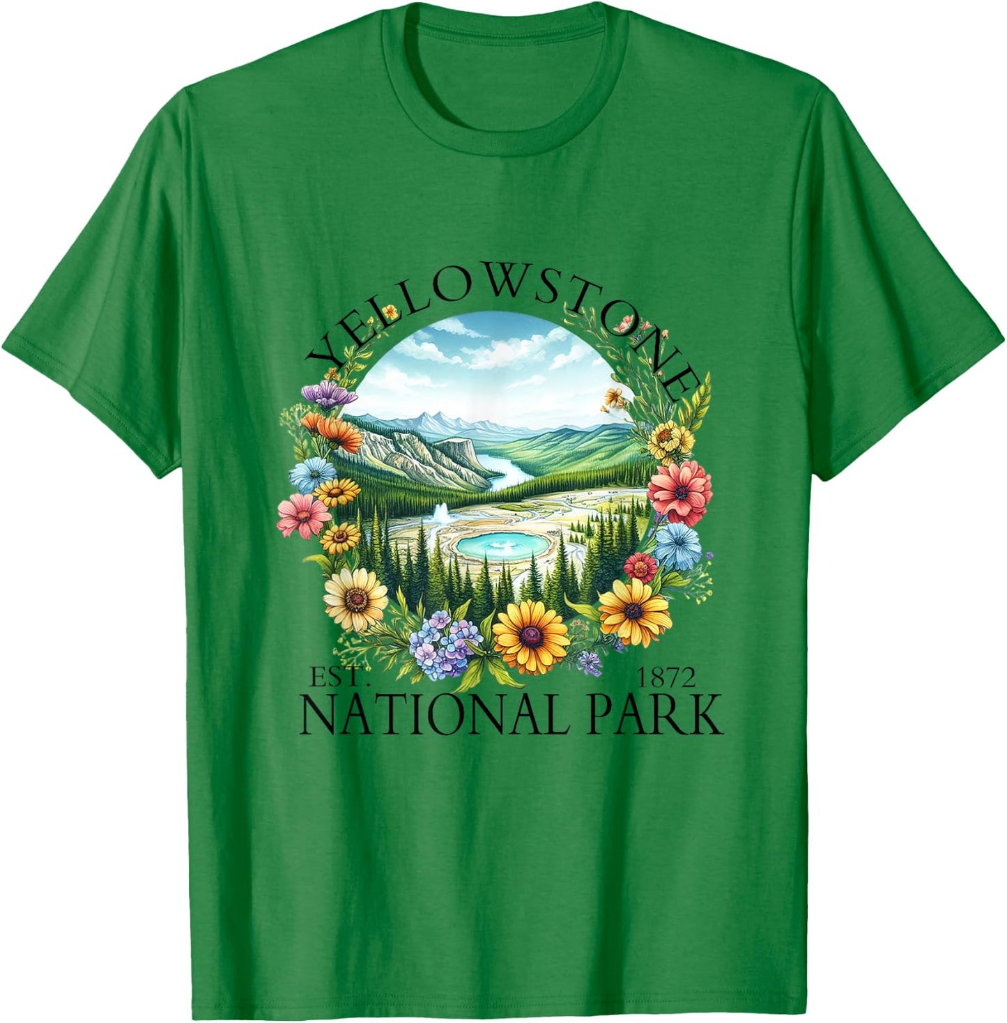 Floral Yellowstone National Park Hiking Camping Outdoor T-Shirt - T-Shirt | Irish Green