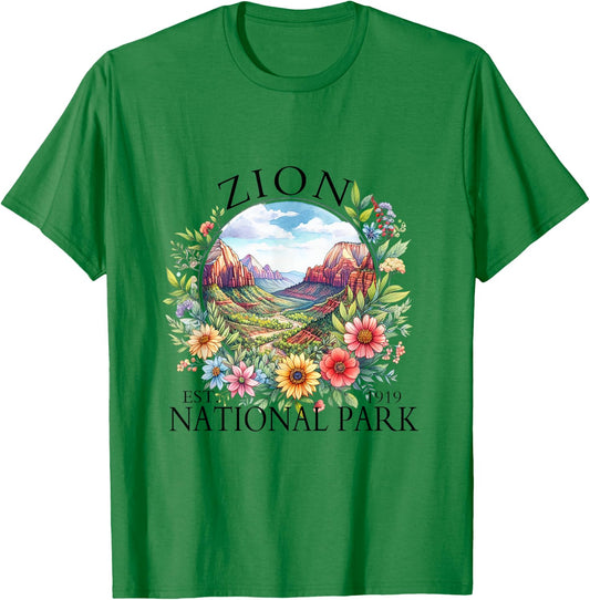 Retro Floral Zion National Park Hiking Camping Outdoor T-Shirt - T-Shirt | Irish Green