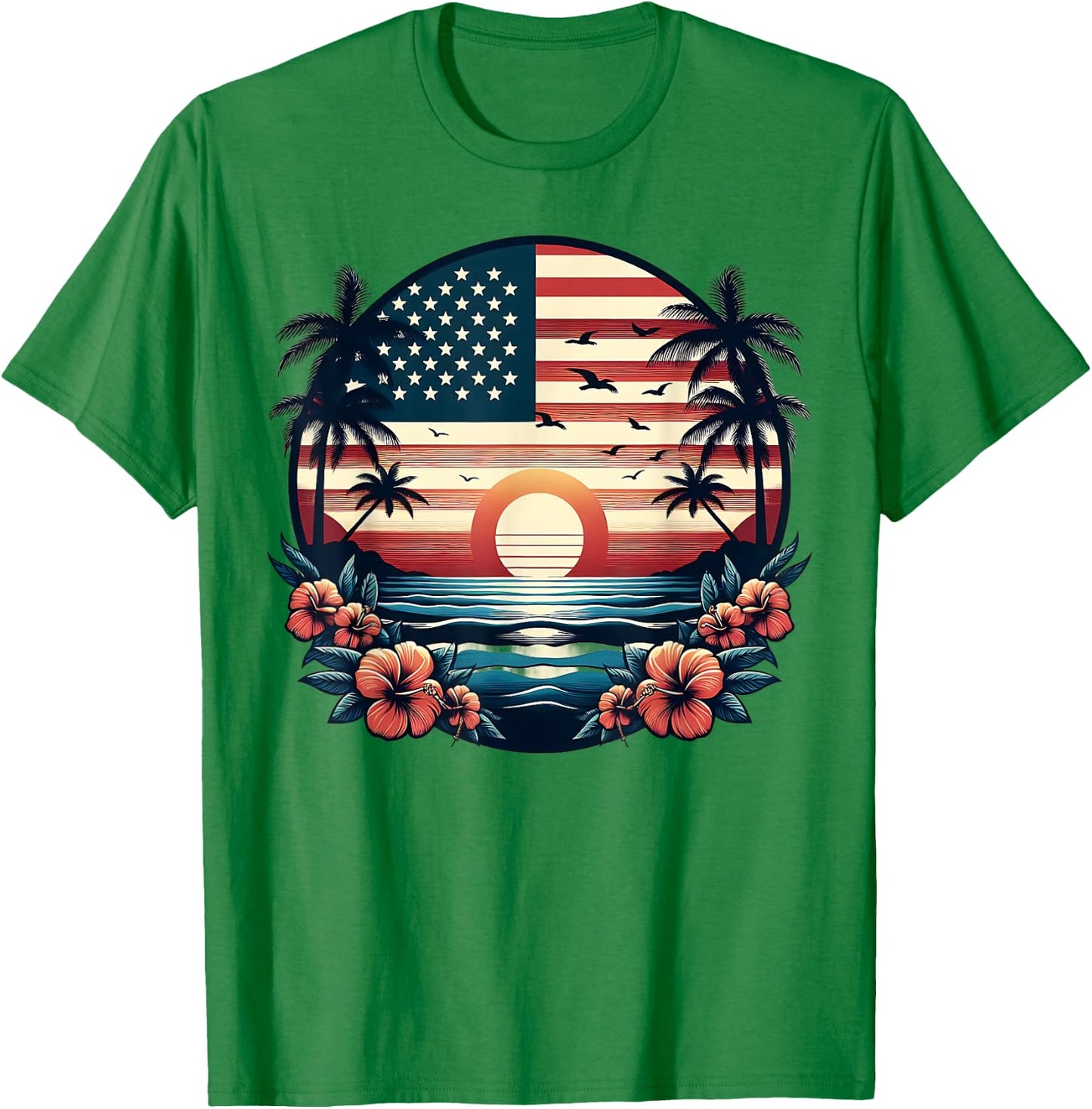 American Flag Palm Trees USA Patriotic 4th of July Summer T-Shirt - T-Shirt | Irish Green
