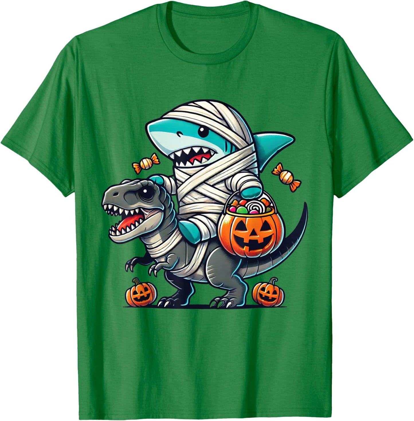 Shark Riding Dinosaur T-rex Funny Halloween Pumpkin Boys Kid T-Shirt - T-Shirt | Irish Green
