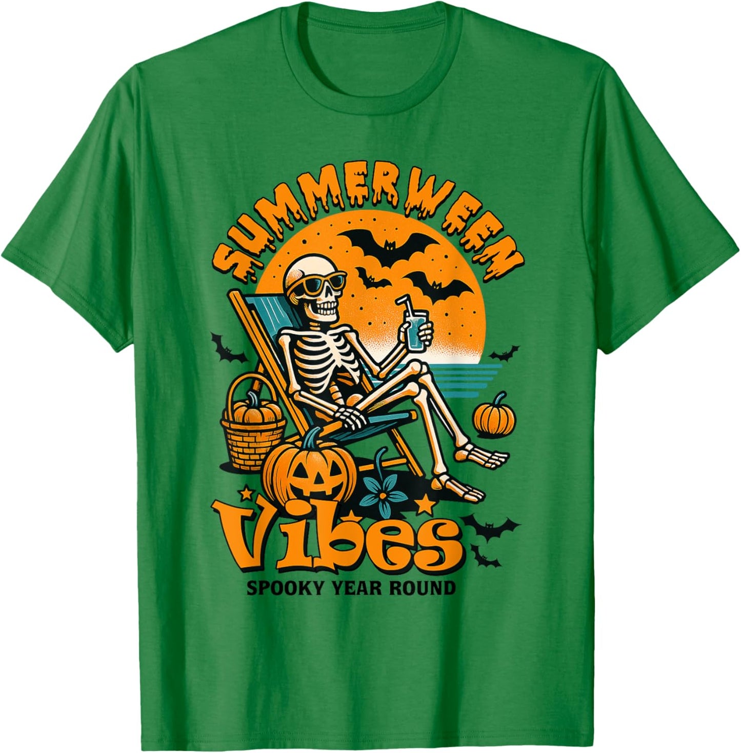 Summerween Vibes Funny Skeleton Spooky Year-round Beach T-Shirt - T-Shirt | Irish Green