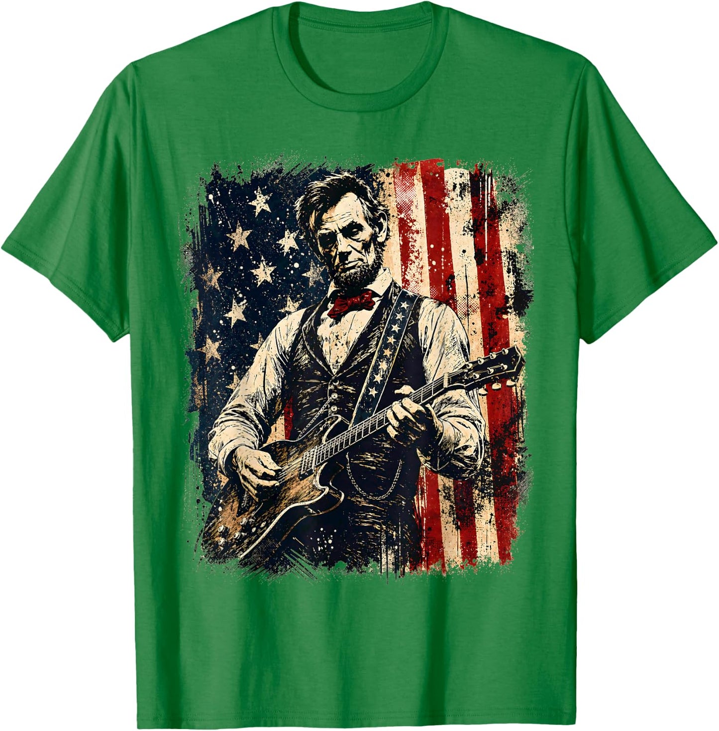 Retro Vintage Abraham Lincoln Playing Guitar American Flag T-Shirt - T-Shirt | Irish Green
