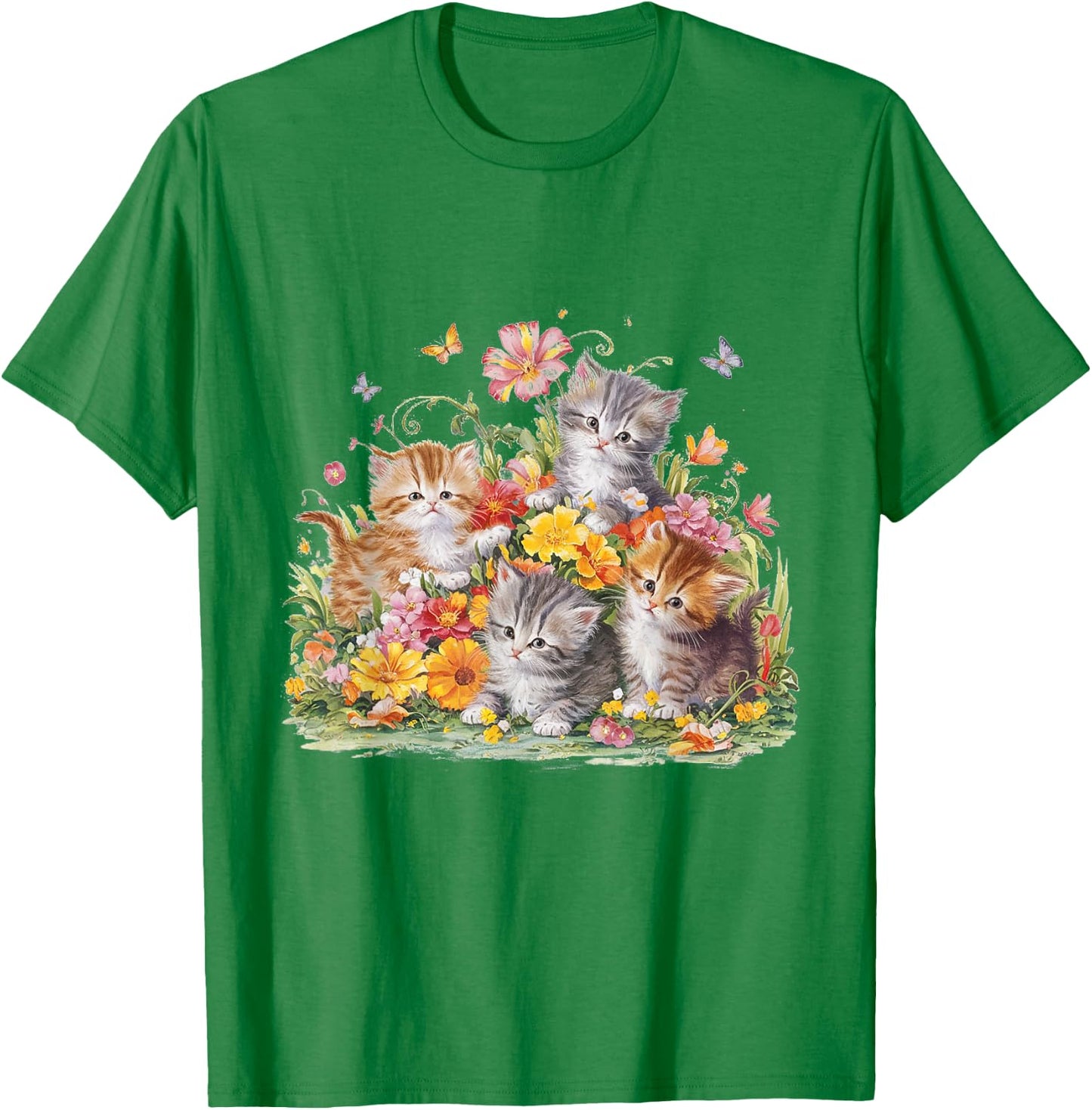 Floral Vintage Aesthetic Painted Kittens and Pressed Flower T-Shirt - T-Shirt | Irish Green