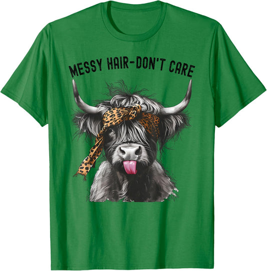 Highland Cow Leopard Print Messy Hair Don't Care Western T-Shirt - T-Shirt | Irish Green