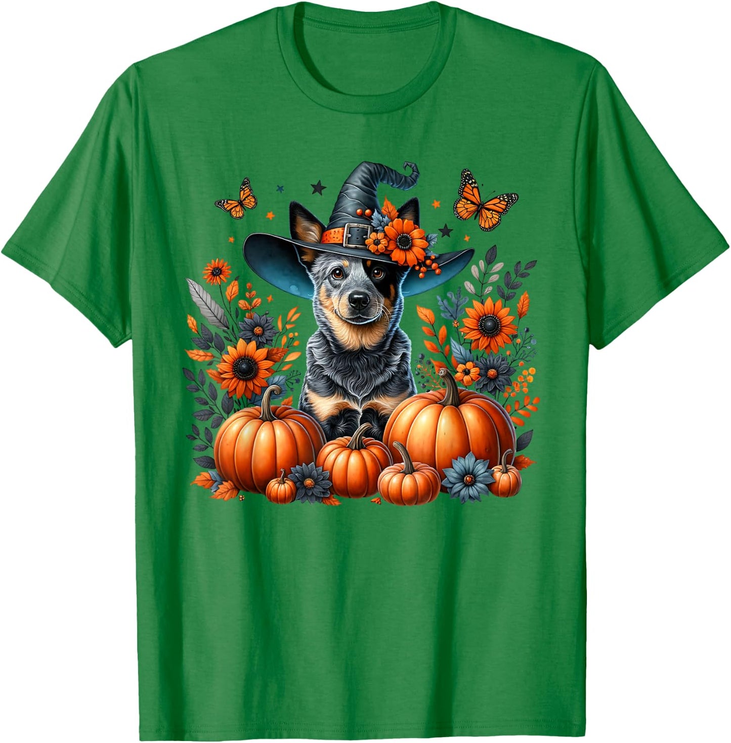 Halloween Blue Heeler Dog Pumpkin Autumn Season Flowers T-Shirt - T-Shirt | Irish Green