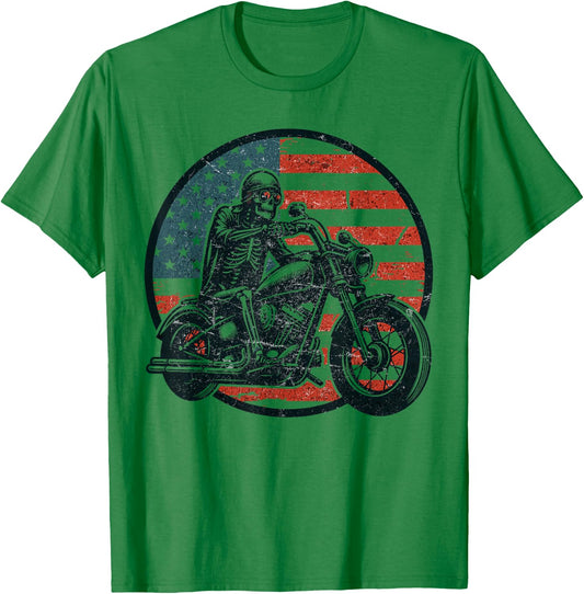 US Flag Motorcycle Skeleton Biker 4th July American Men Dad T-Shirt - T-Shirt | Irish Green
