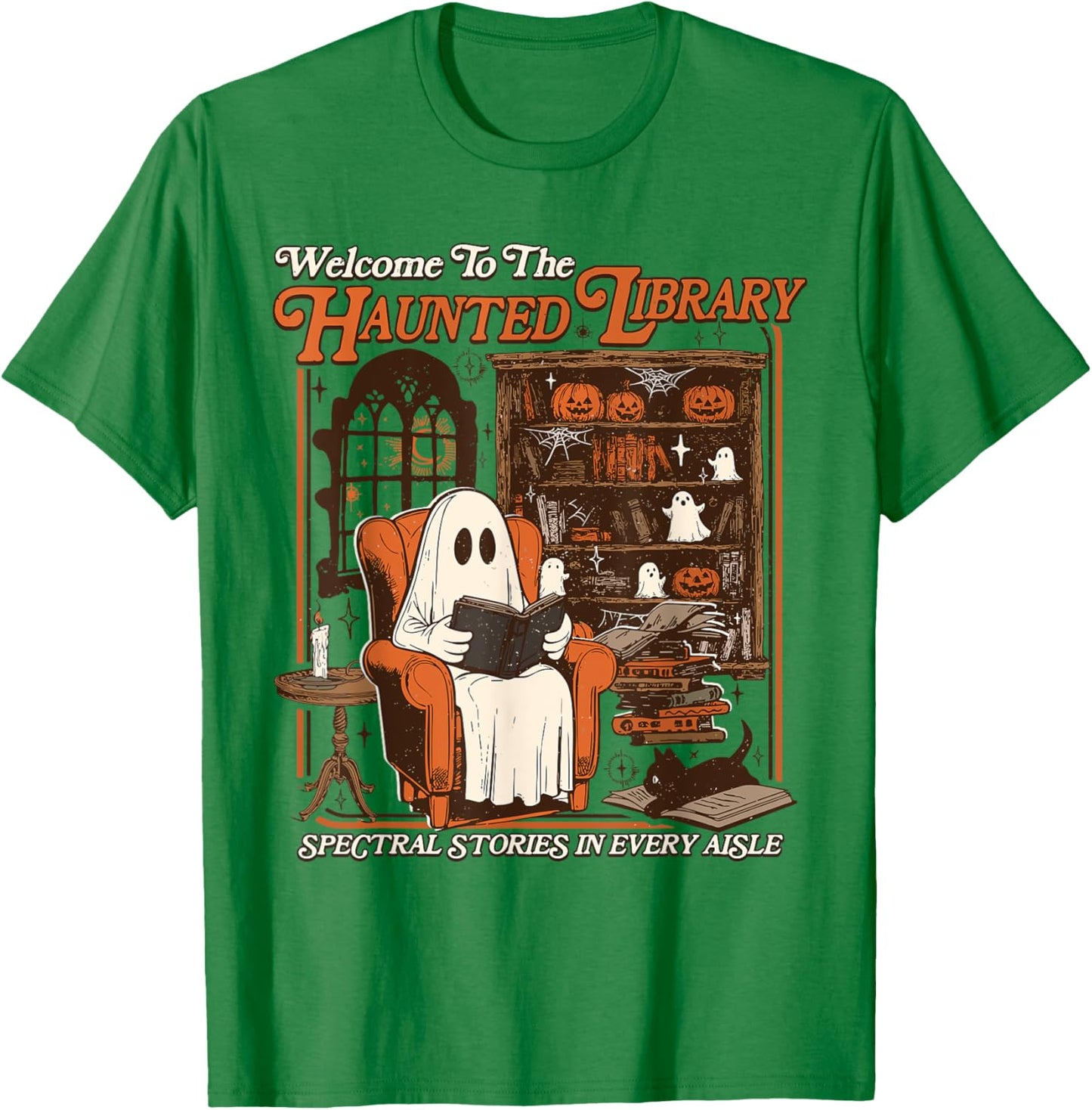 Halloween Funny Ghost Welcome To The Haunted Library T-Shirt - T-Shirt | Irish Green