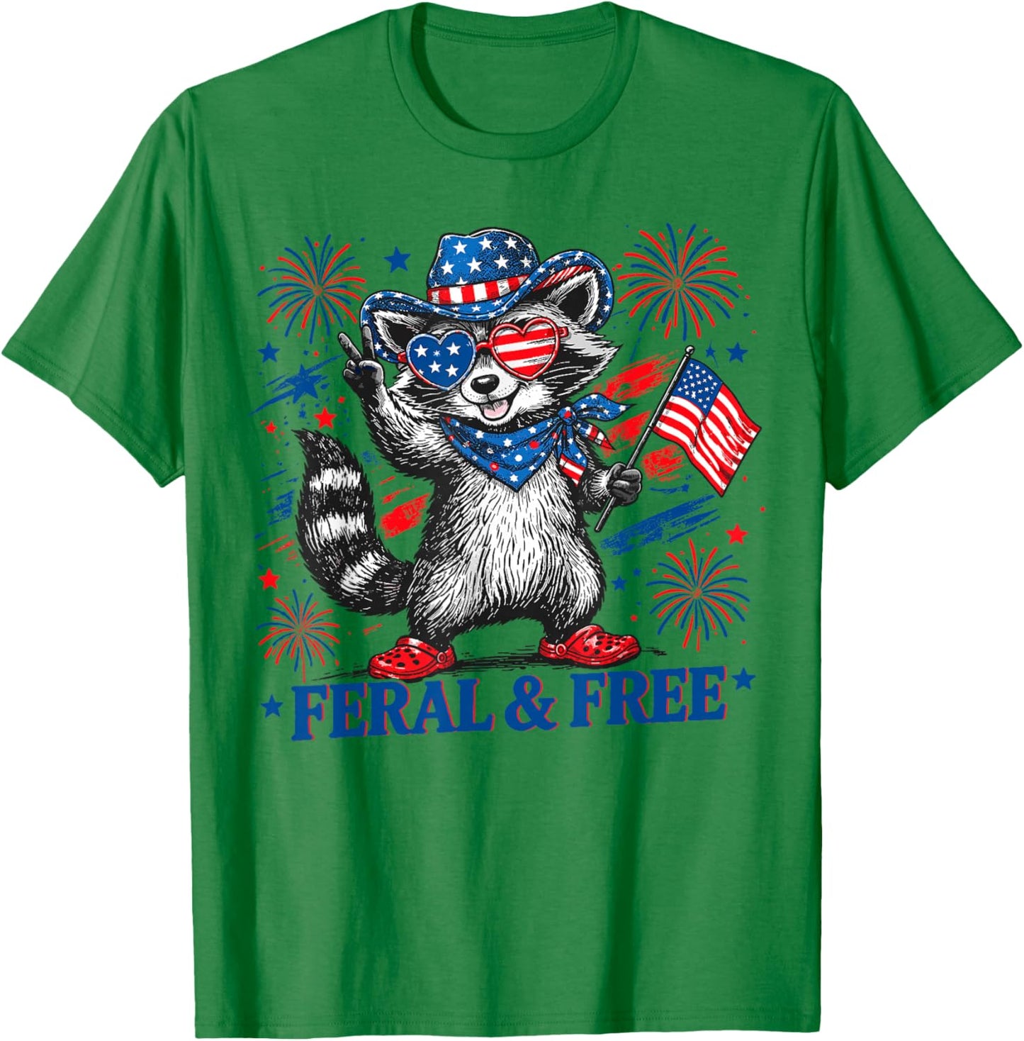 4th of July Raccoon Feral and Free Patriotic Women Men Kids T-Shirt - T-Shirt | Irish Green
