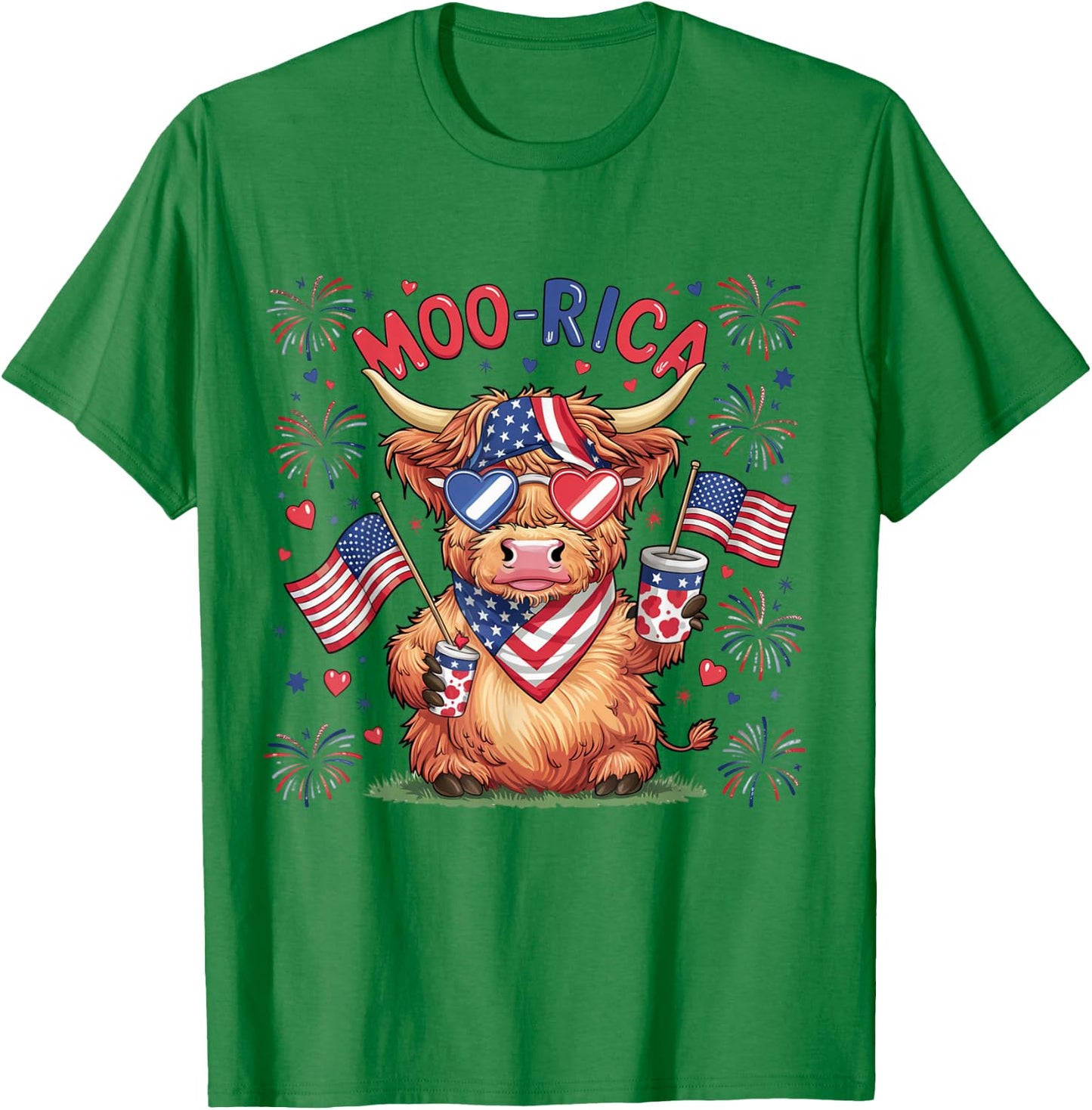 Moo-Rica Western America Highland Cow 4th Of July USA Flag Kids Men T-Shirt - T-Shirt | Irish Green