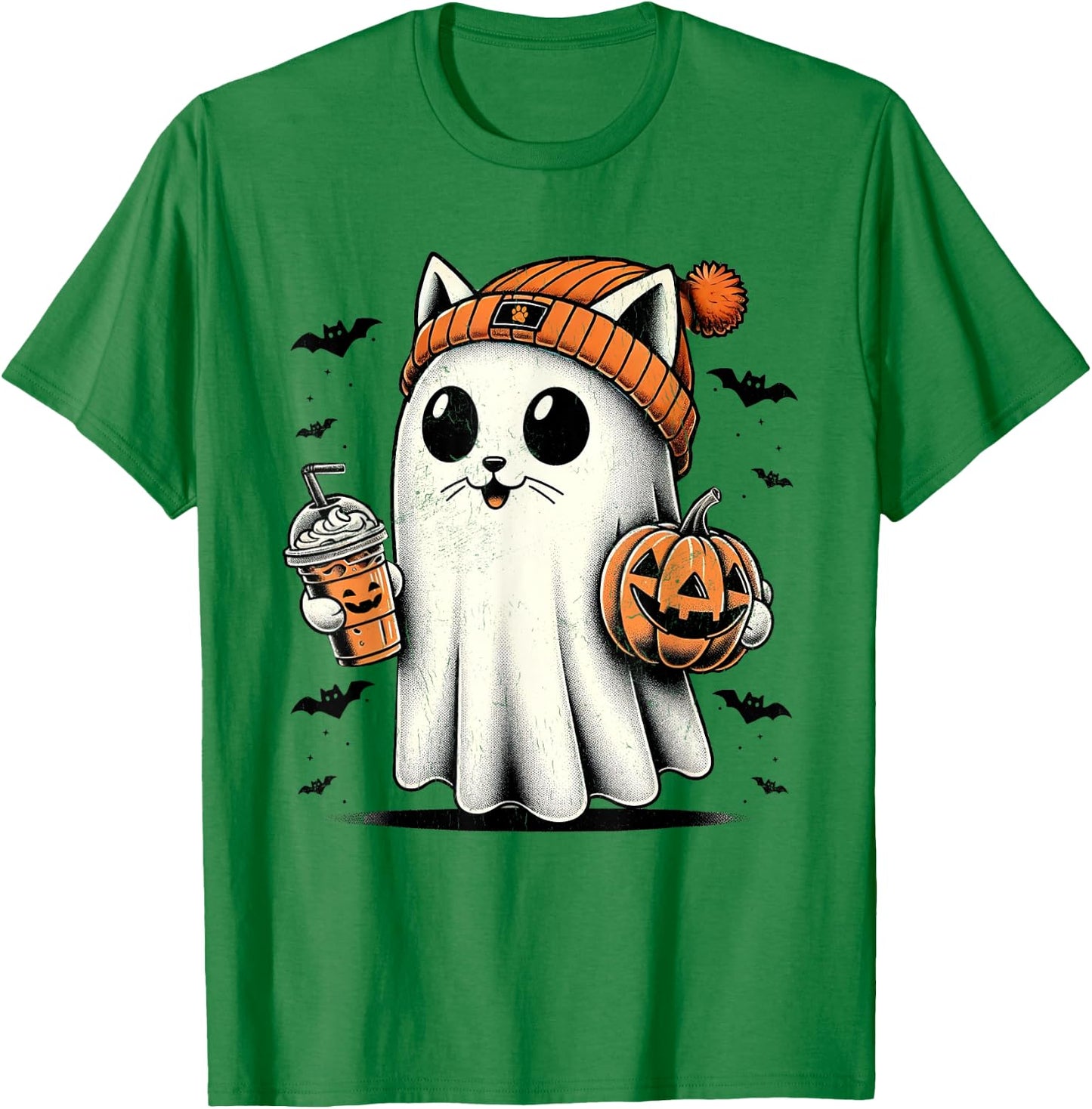 Cute Cat Ghost Iced Coffee Funny Ghost Halloween Ice Coffee Women Kids T-Shirt - T-Shirt | Irish Green
