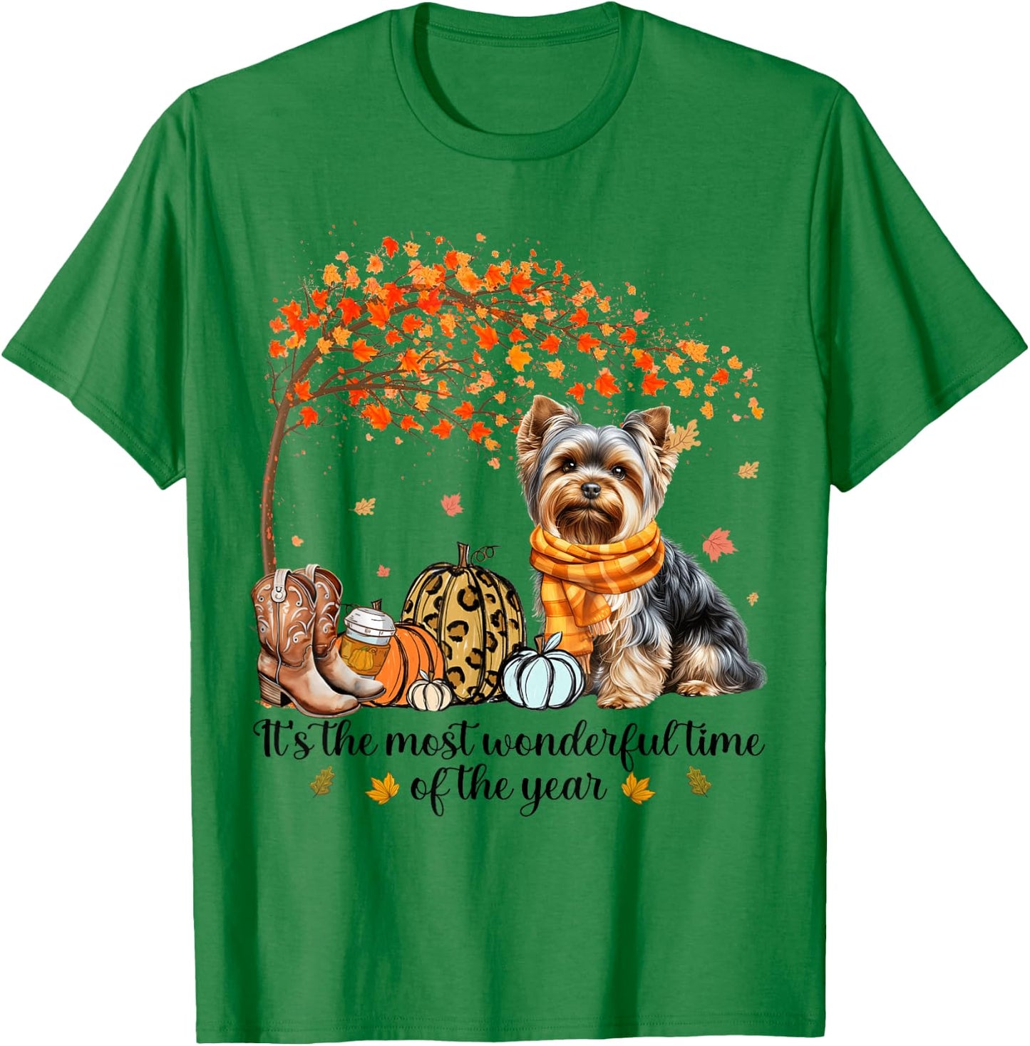 It’s The Most Wonderful Time Yorkie Pumpkins Autumn Fall T-Shirt - T-Shirt | Irish Green