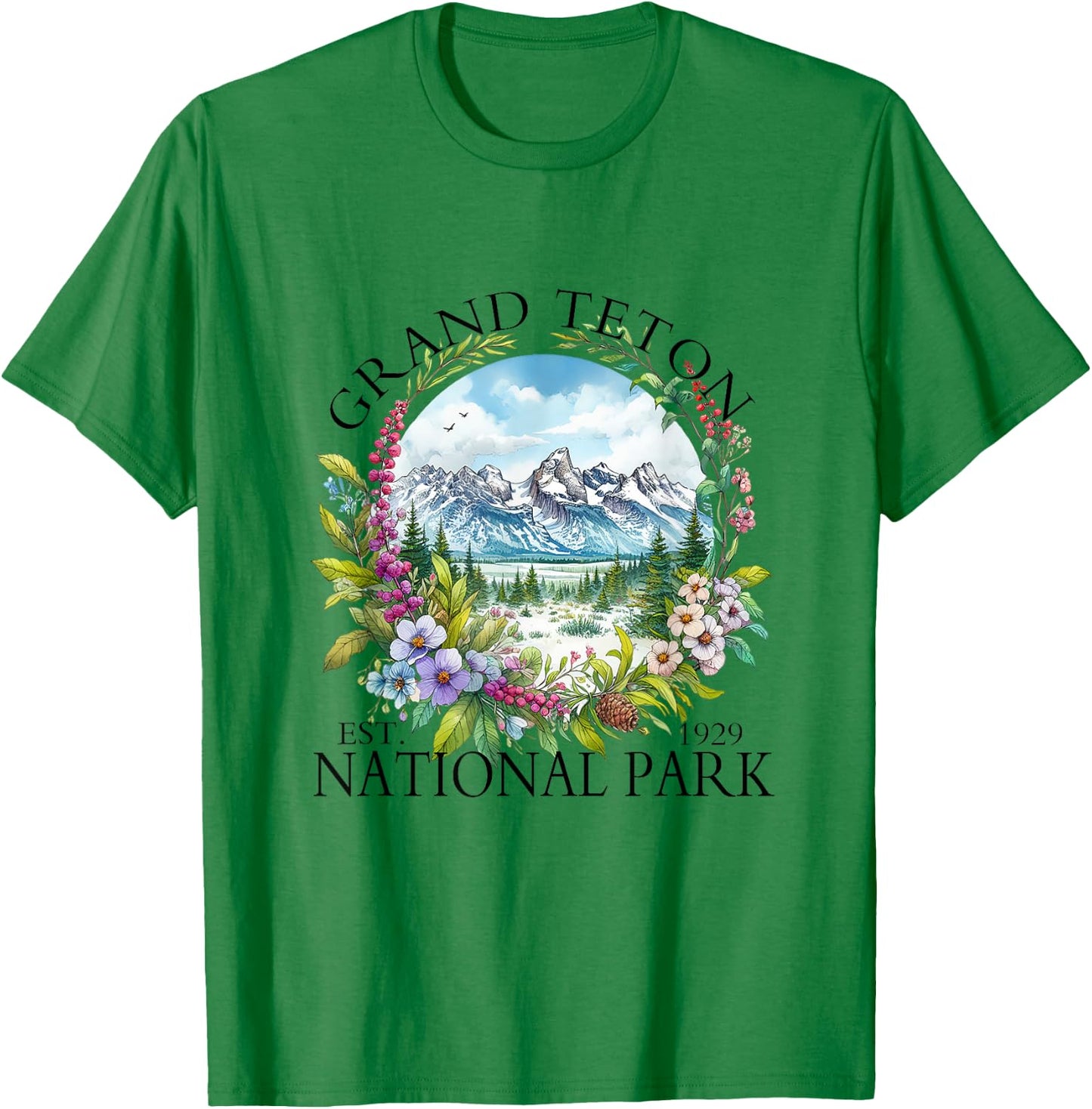 Floral Grand Teton National Park Hiking Camping Outdoor T-Shirt - T-Shirt | Irish Green